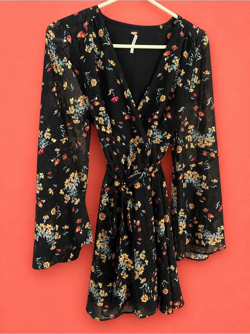 Free People Black Floral Mini Dress with Yellow, Blue and Red Accents